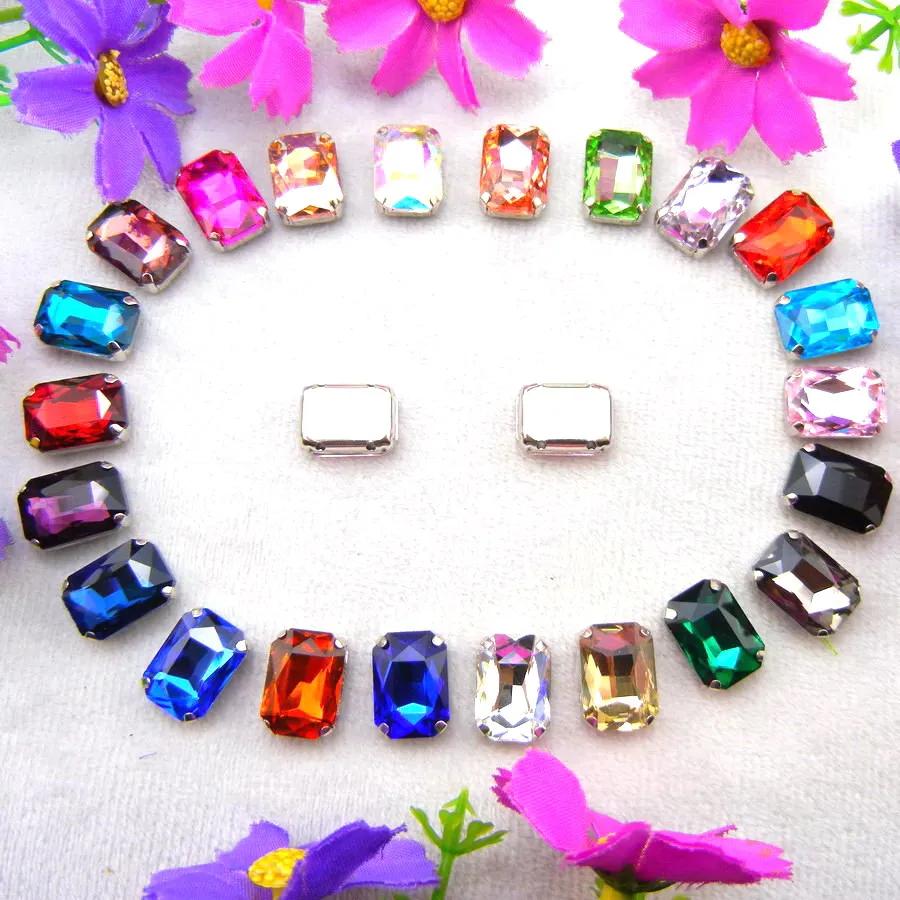Glass Crystal Silver claw settings 7 sizes nice colors mix Rectangle shape Sew on rhinestone beads clothes shoes diy trim - immagine 2