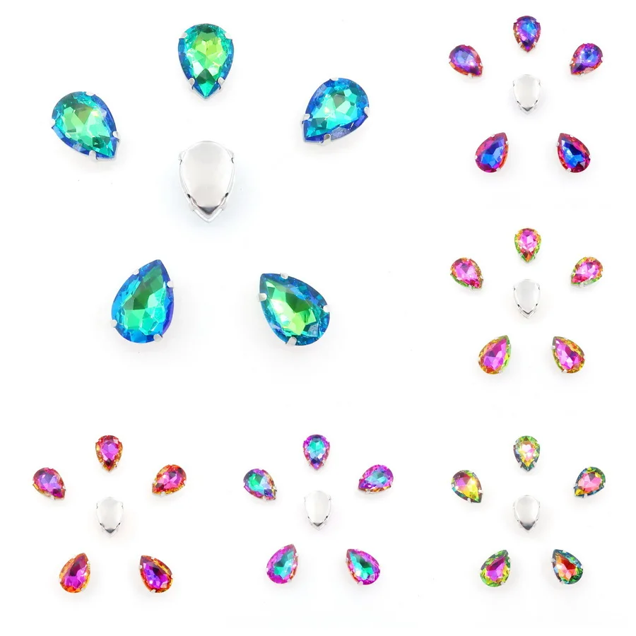 Colorful 7 sizes glass Crystal Silver claw Various colors mix water drop tear drop Sew on rhinestone beads wedding dress diy - immagine 45
