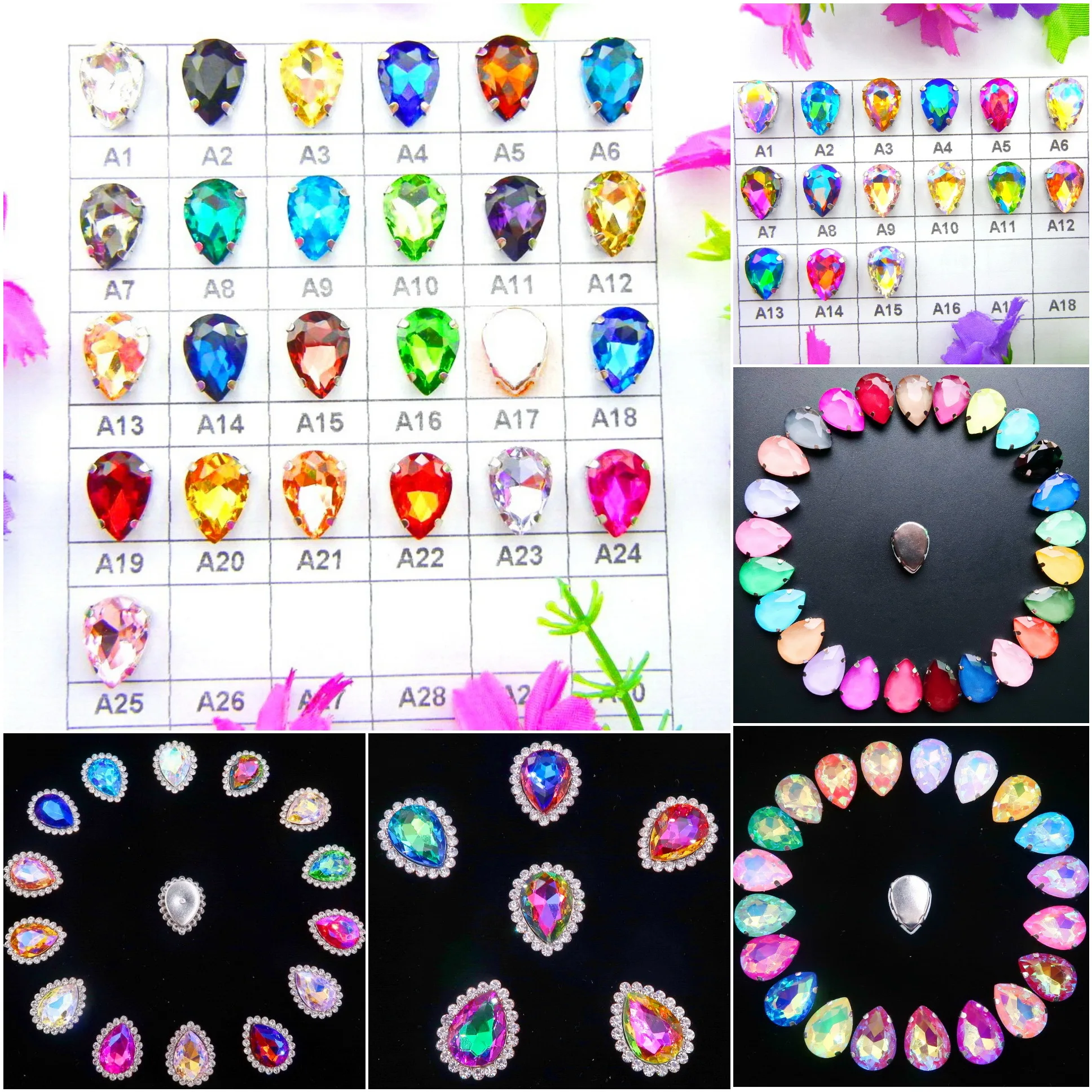 Colorful 7 sizes glass Crystal Silver claw Various colors mix water drop tear drop Sew on rhinestone beads wedding dress diy