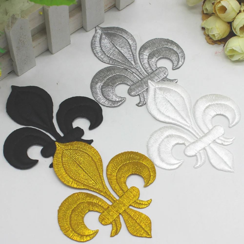5 Pieces Iron On Patches Gold Embroidery Flower Appliqued Christmas Fleur De Lis Flower 3D Lotus Appliques 10-8.5cm/3.5*3cm - immagine 4