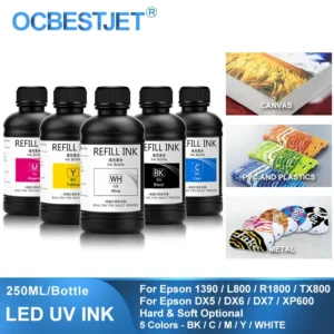 5x250ML LED UV Ink For DX4 DX5 DX6 DX7 DX10 TX800 XP600 Printhead For Epson 1390 L800 L1800 L805 R1800 R1900 UV Flatbed Printer
